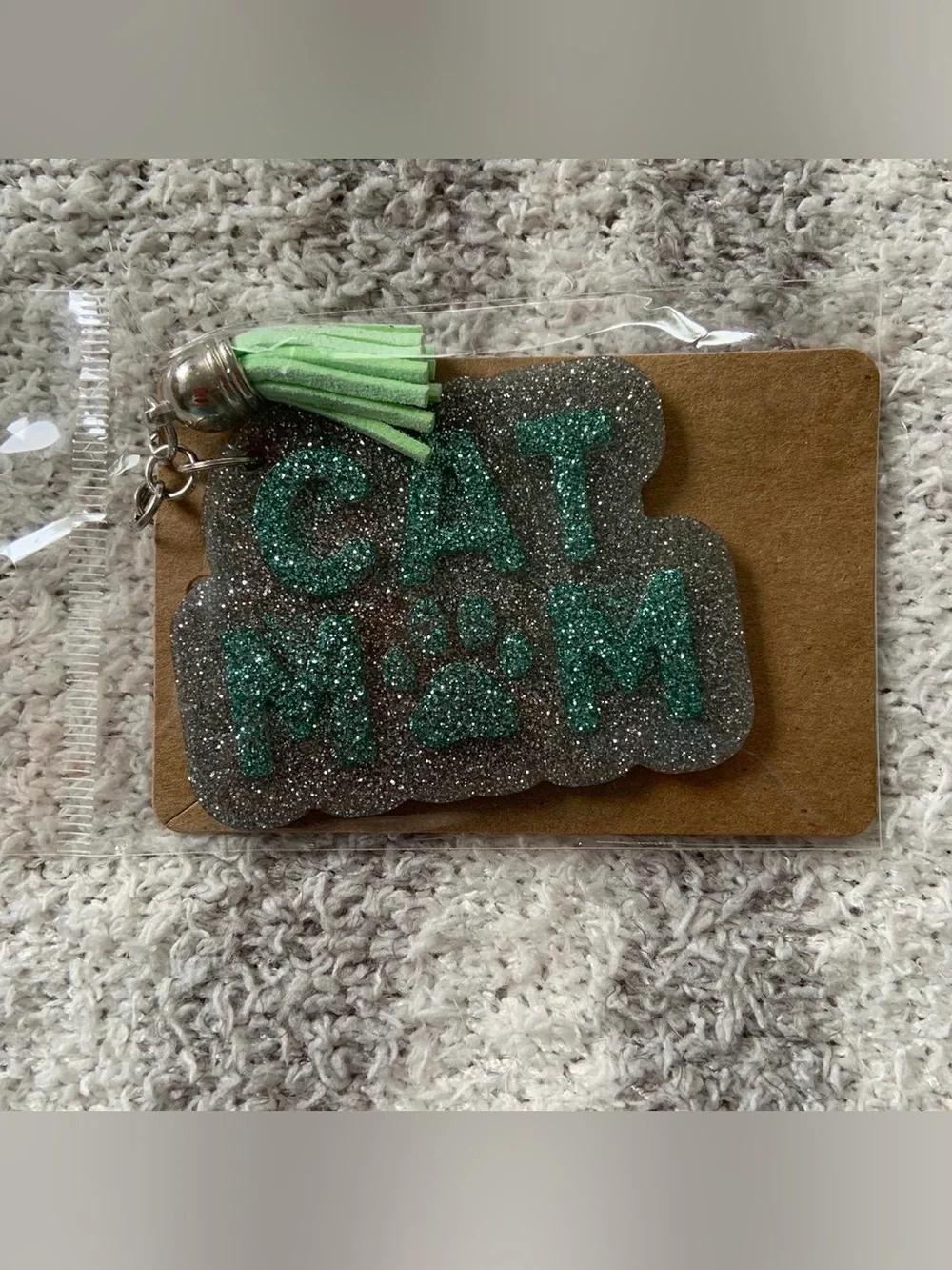 Cat Mom Glitter Keychain - Mint Green and Silver